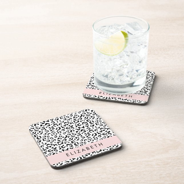 Posavasos Leopard Print, Spots, Black And White, Tu Nombre (Lado Derecho)