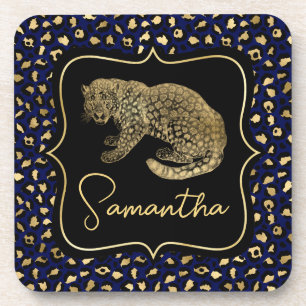 Posavasos Leopardo dorado y estampado de leopardo azul