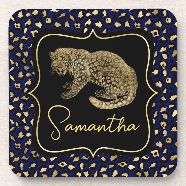 Posavasos Leopardo dorado y estampado de leopardo azul (Frente)