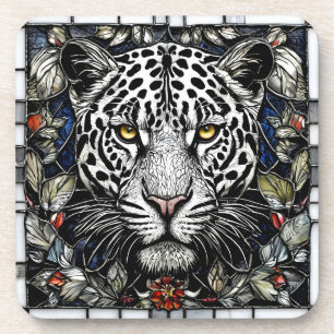Posavasos Leopardo en blanco y negro rodeado de flores