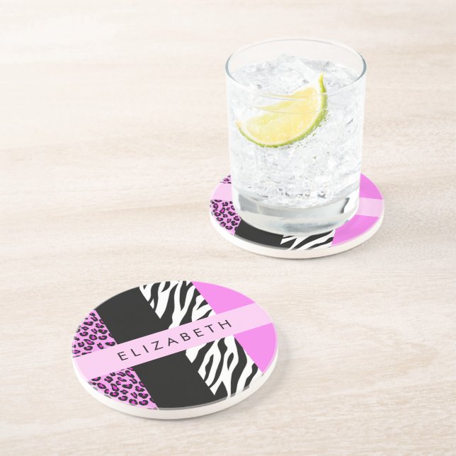 Posavasos Leopardo Print, Zebra Print, Pink, Your Name (Lado)