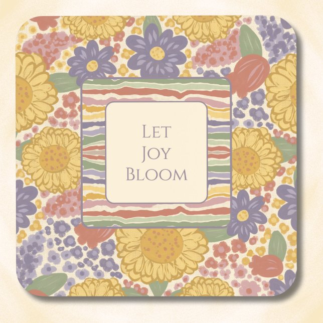 Posavasos Let Joy Bloom Coaster Set – Editable Text (Let Joy Bloom Coaster Set – Personalized Inspirational Quote – Custom Floral Striped Drink Coasters)