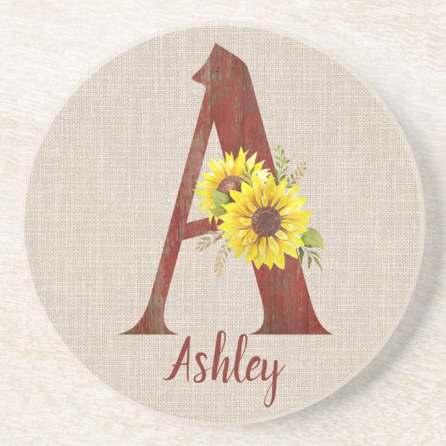 Posavasos Letra A y girasol de madera de grano personalizada (Frente)