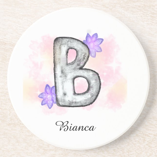 Posavasos Letra acuarela B con flores moradas (Frente)