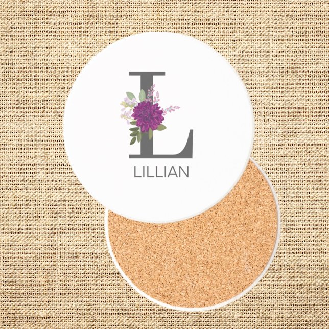 Posavasos Letra de alfabeto floral de dalia de Borgoña Monog (Subido por el creador)