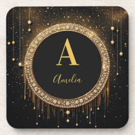 Posavasos Letra de Monograma con Brillo Negro con Nombre Per