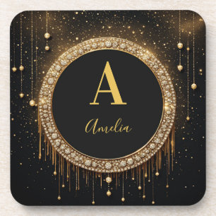 Posavasos Letra de Monograma con Brillo Negro con Nombre Per