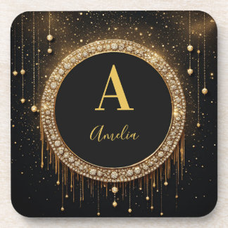Posavasos Letra de Monograma con Brillo Negro con Nombre Per