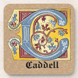 Posavasos Letra medieval azul y marfil rojo iluminada C