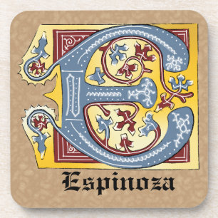 Posavasos Letra medieval azul y marfil rojo iluminada E