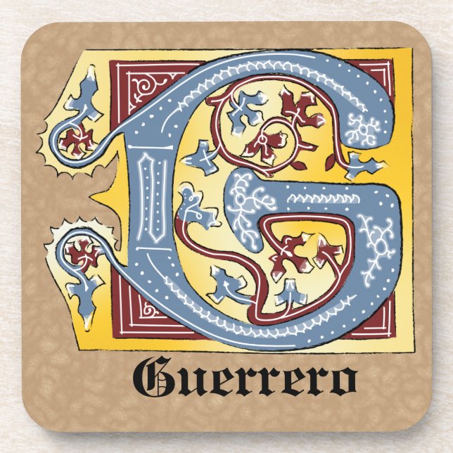 Posavasos Letra medieval azul y marfil rojo iluminada G (Frente)