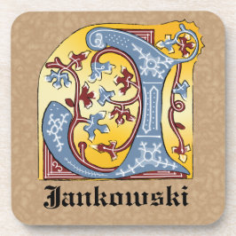 Posavasos Letra medieval azul y marfil rojo iluminada J