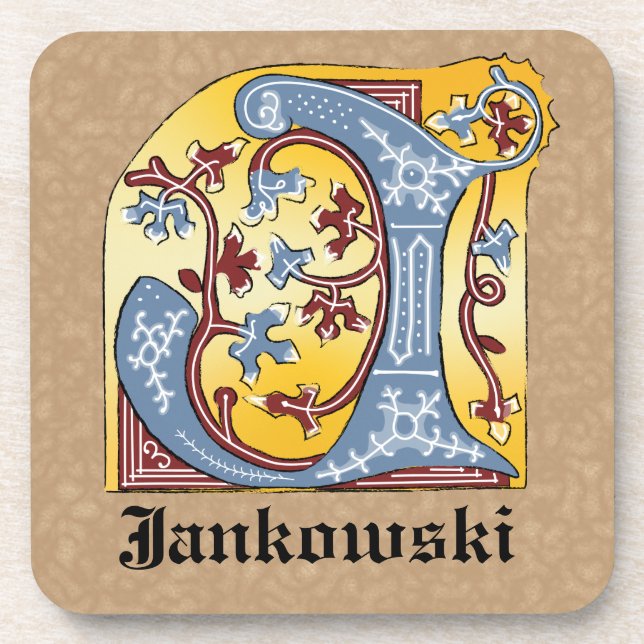 Posavasos Letra medieval azul y marfil rojo iluminada J (Frente)