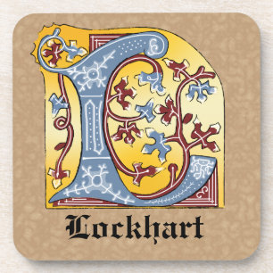 Posavasos Letra medieval azul y marfil rojo iluminada L