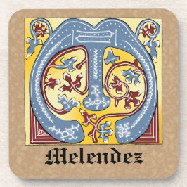 Posavasos Letra medieval azul y marfil rojo iluminada M