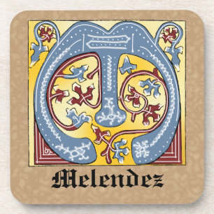 Posavasos Letra medieval azul y marfil rojo iluminada M