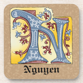 Posavasos Letra medieval azul y marfil rojo iluminada N