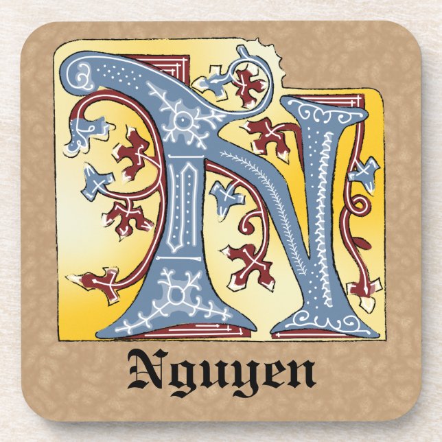 Posavasos Letra medieval azul y marfil rojo iluminada N (Frente)