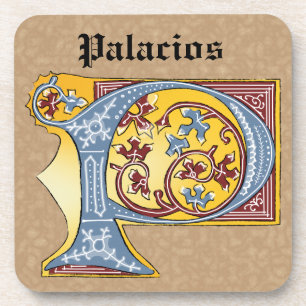 Posavasos Letra medieval azul y marfil rojo iluminada P