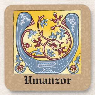 Posavasos Letra medieval azul y marfil rojo iluminada U