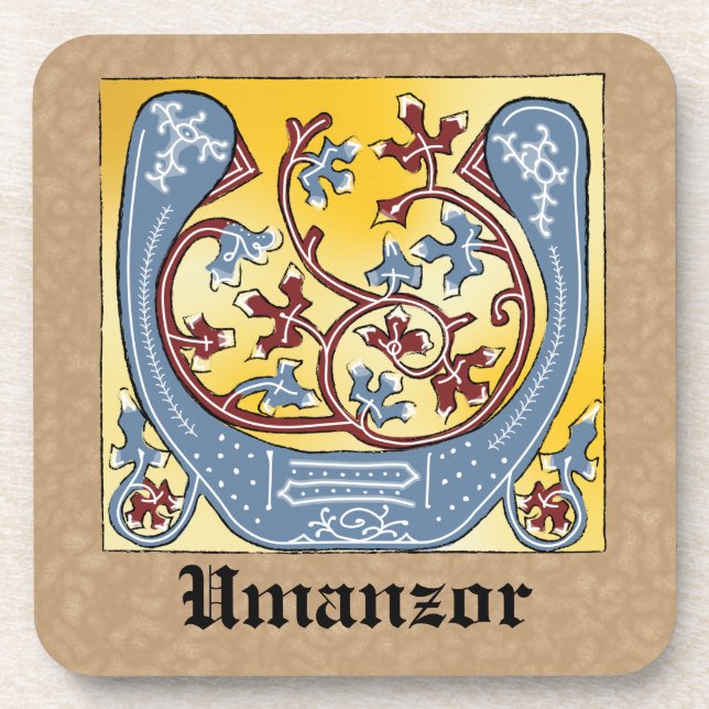 Posavasos Letra medieval azul y marfil rojo iluminada U (Frente)