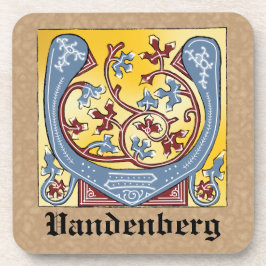 Posavasos Letra medieval azul y marfil rojo iluminada V