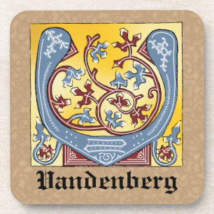 Posavasos Letra medieval azul y marfil rojo iluminada V