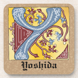 Posavasos Letra medieval azul y marfil rojo iluminada Y