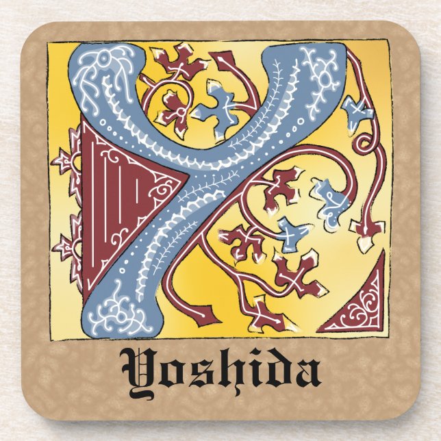 Posavasos Letra medieval azul y marfil rojo iluminada Y (Frente)