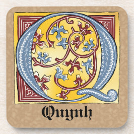 Posavasos Letra medieval azul y roja marfil iluminada Q