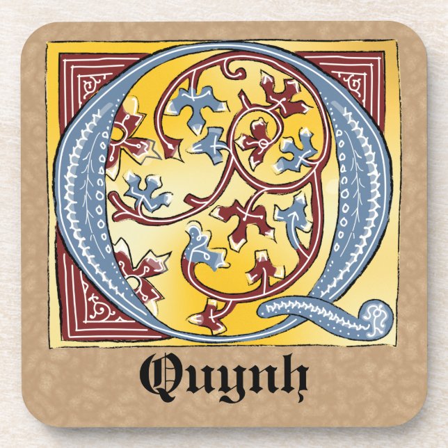 Posavasos Letra medieval azul y roja marfil iluminada Q (Frente)