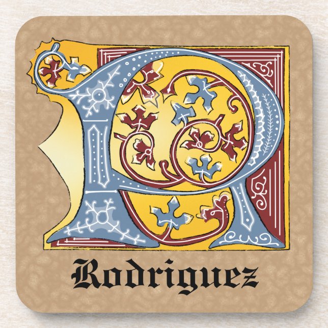 Posavasos Letra medieval azul y roja marfil iluminada R (Frente)