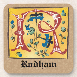 Posavasos Letra medieval floral iluminada con monograma R