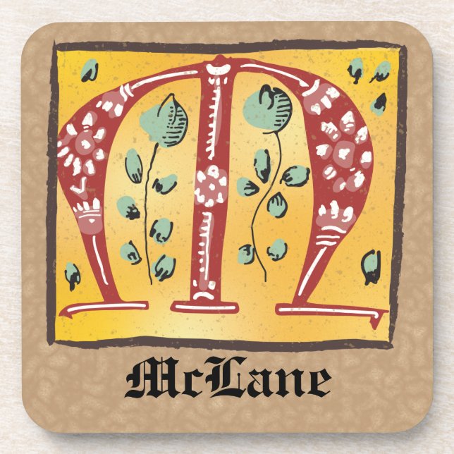 Posavasos Letra medieval floral iluminada M Monograma (Frente)