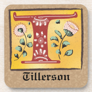 Posavasos Letra medieval floral iluminada monograma T