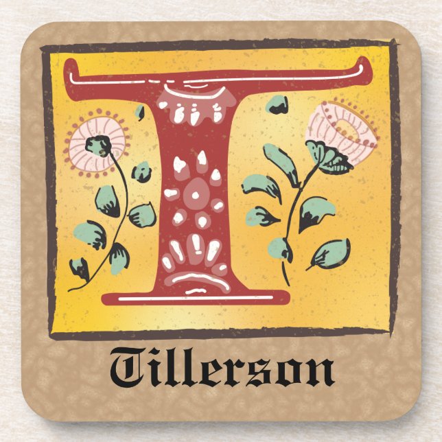 Posavasos Letra medieval floral iluminada monograma T (Frente)