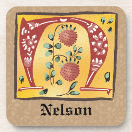 Posavasos Letra medieval floral iluminada N Monograma