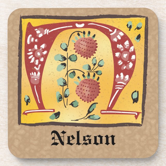 Posavasos Letra medieval floral iluminada N Monograma (Frente)