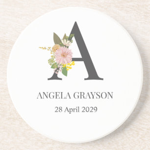Posavasos Letra Monograma Floral A Nombre y Fecha Personaliz