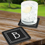 Posavasos Letra monogramada simplista blanco negro inicial<br><div class="desc">Añada un toque de personalidad a su hogar, oficina o dormitorio con esta montaña de fondo cuadrada con una sola letra monogramada inicial. La plantilla fácil de usar le permite crear su propia letra personalizado colocada en un fondo negro clásico. Puede realizar un personalizar adicional de cualquiera de los colores...</div>