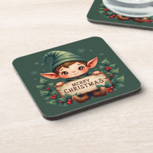 Posavasos Lindo duende de Navidad sosteniendo un letrero ver