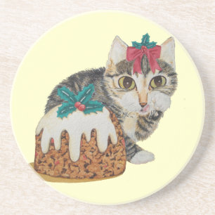 Posavasos lindo gatito grisáceo gato vestido de navidad