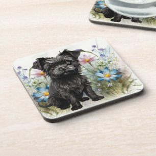 Posavasos Lindo perro Affenpinscher en un campo de flores si
