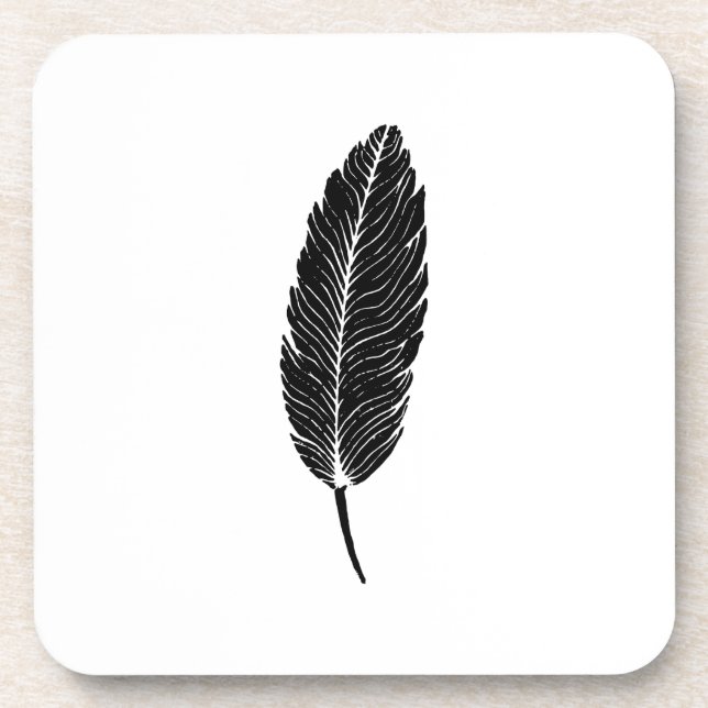 Posavasos Linocut de plumas rusticas en blanco y negro (Frente)