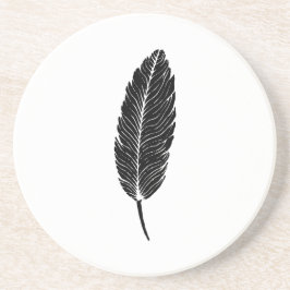 Posavasos Linocut de plumas rusticas en blanco y negro