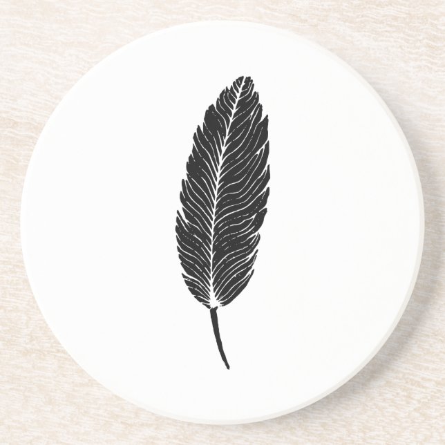 Posavasos Linocut de plumas rusticas en blanco y negro (Frente)