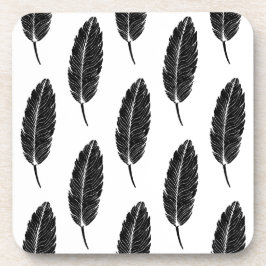 Posavasos Linocut de plumas rusticas en blanco y negro