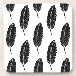 Posavasos Linocut de plumas rusticas en blanco y negro