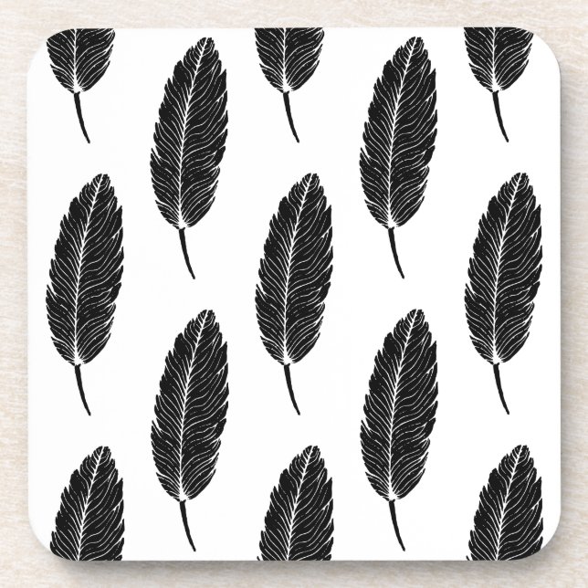 Posavasos Linocut de plumas rusticas en blanco y negro (Frente)