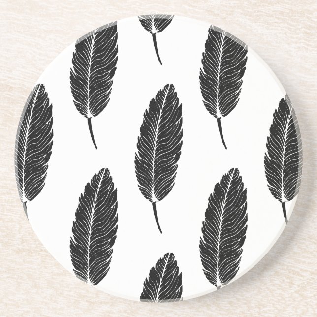Posavasos Linocut de plumas rusticas en blanco y negro (Frente)